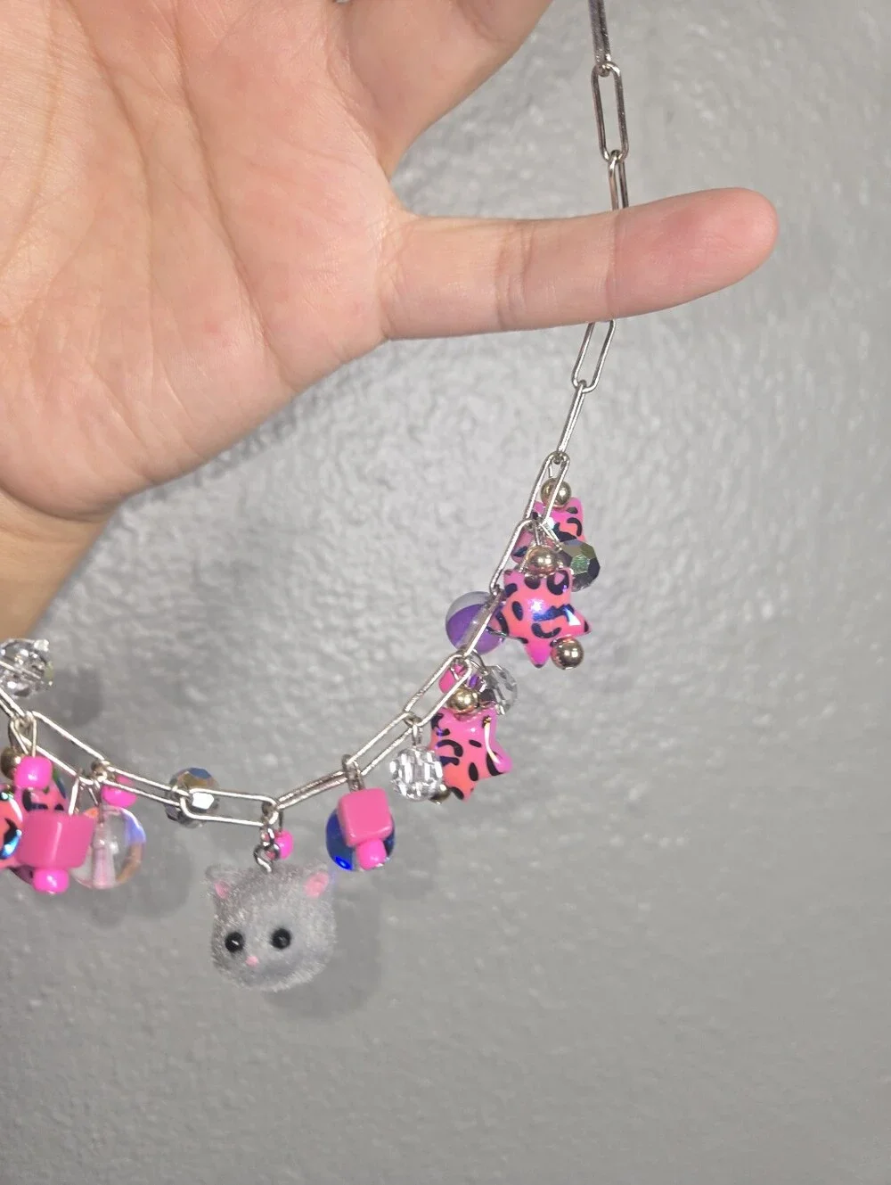 Pink Leopard Charm Necklace with Gray Cat Pendant